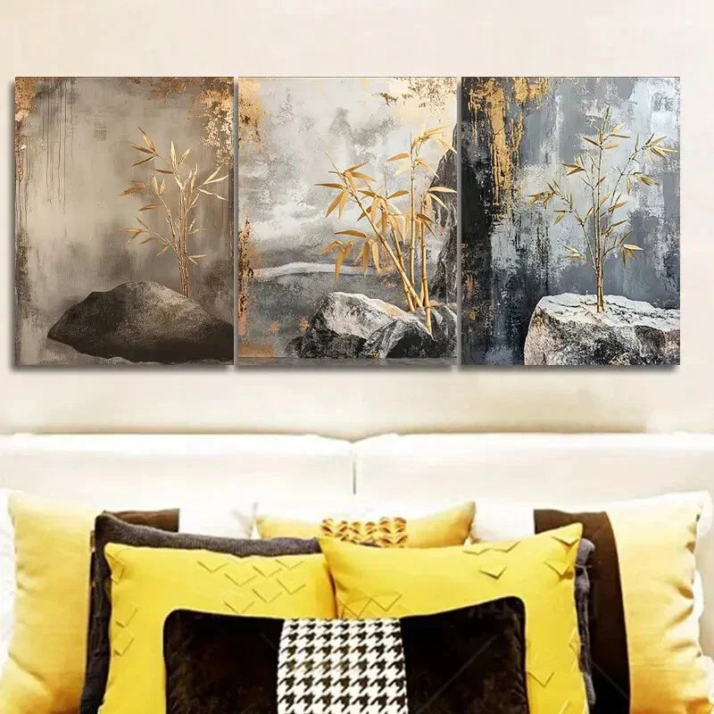 3pcs Art Painting Golden Bamboo Metal Print Ready to Hang Art