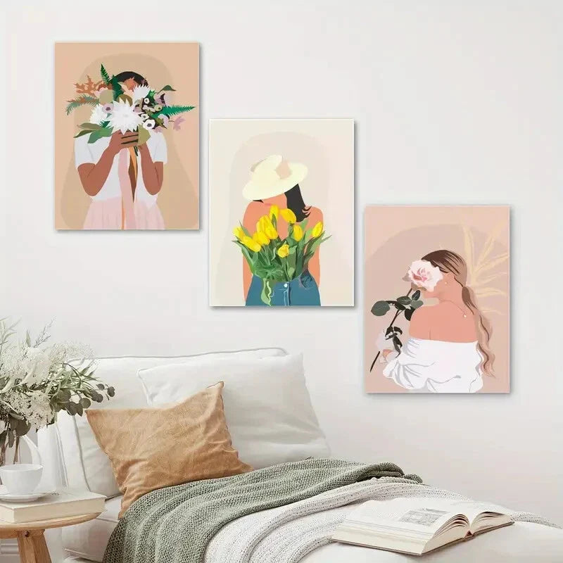 3pcs Abstract Women Portrait Romantic Boho Metal Print Ready to Hang Art