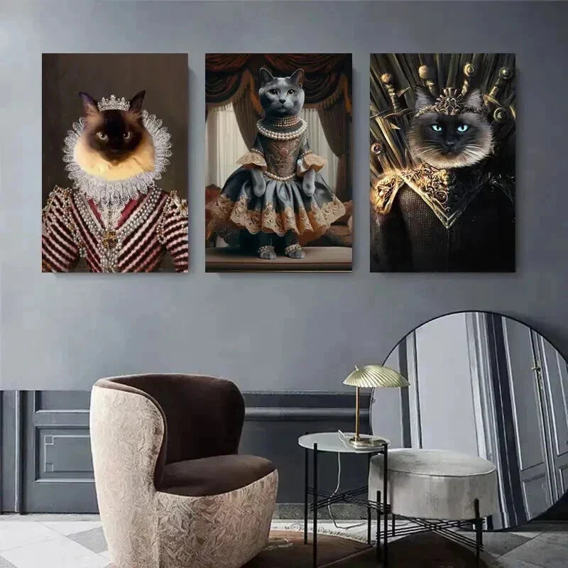 3pcs Cats Dressed in Royal Attire, Victorian Metal Print Ready to Hang Art