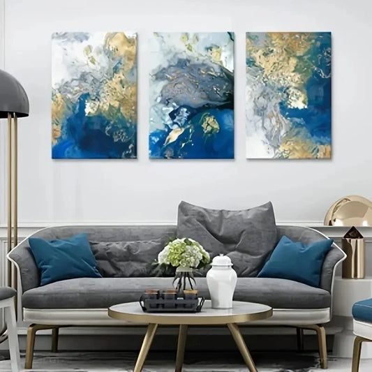 3pcs Blue Picture Golden Teal Painting Metal Print Ready to Hang Art