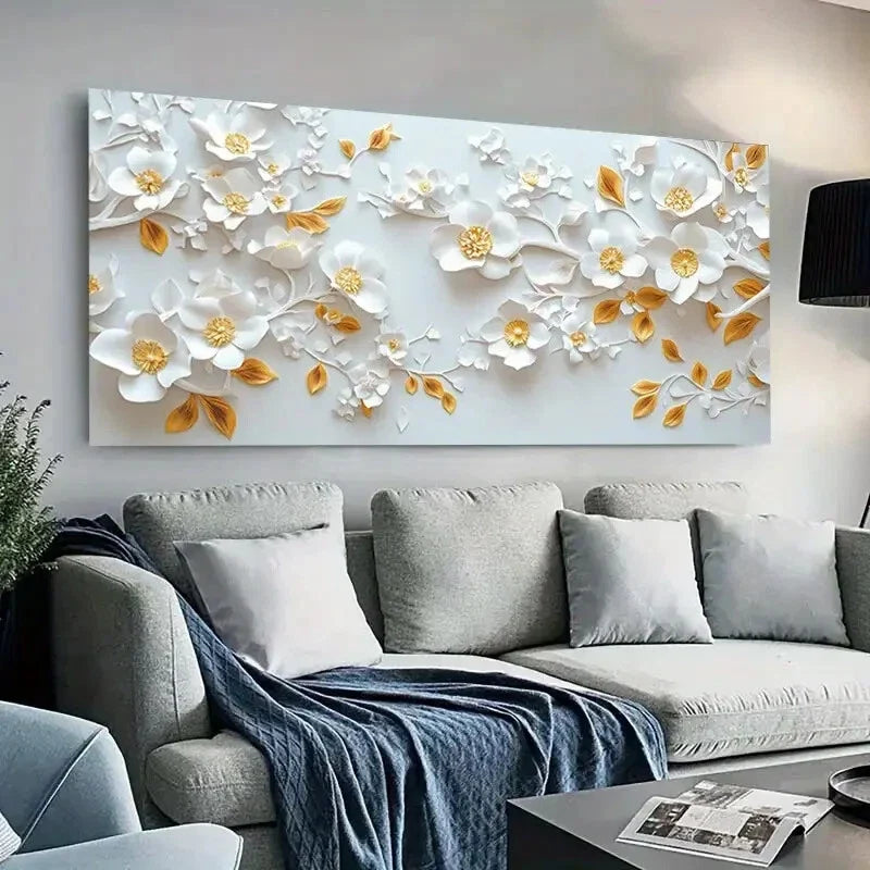 Botanic Gold White Flowers wall canvas office home room framed 120x60cm