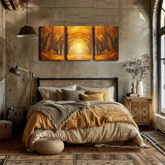 3pcs Vibrant Yellow Forest Road Scene Wall Art Set Canvas Framed 40x60cm - High Quality Print 100% Australian Made Wall Canvas Ready to Hang