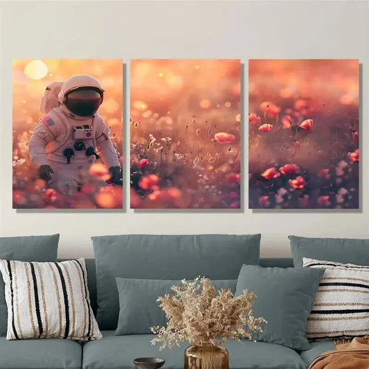 3pcs Star Explorer, Astronaut in a Flower Field Metal Print Ready to Hang Art