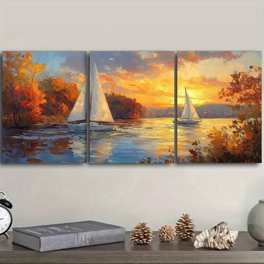 3pcs Serene Sailboat Sunset Scene Water Wall Art Set Canvas Framed 40x60cm - High Quality Print 100% Australian Made Wall Canvas Ready to Hang
