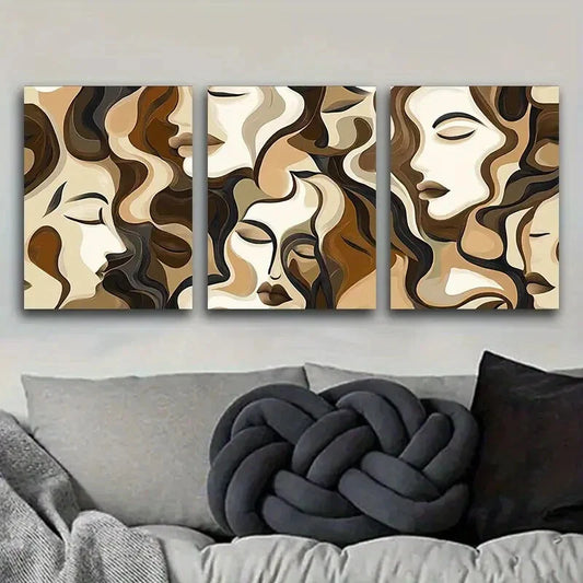3pcs Brown and beige faces Metal Print Ready to Hang Art