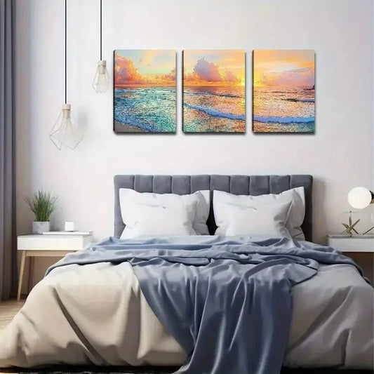 3pcs Sunset Ocean Beach Canvas Framed 40x60cm - High Quality Print 100% Australian Made Wall Canvas Ready to Hang