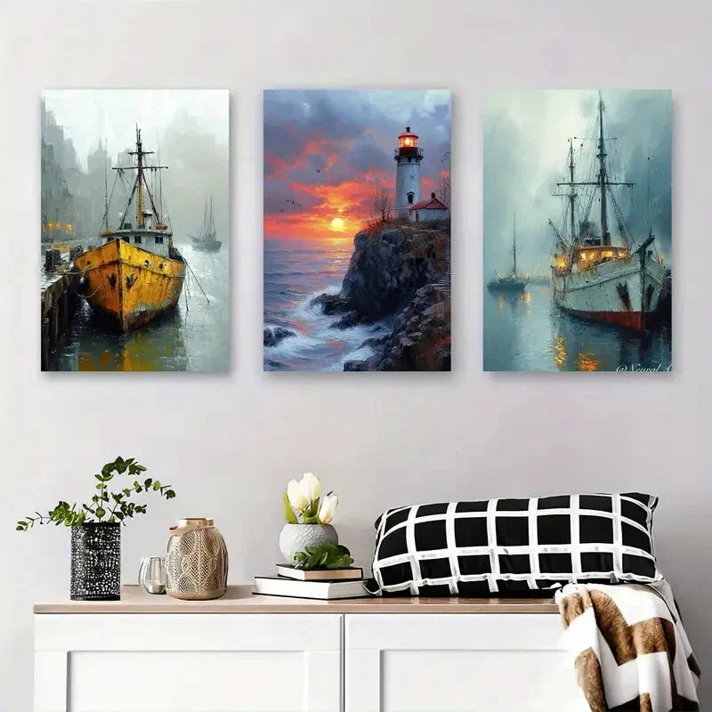 3pcs Coastal Sunset, Ocean Waves, Vintage Ships Metal Print Ready to Hang Art