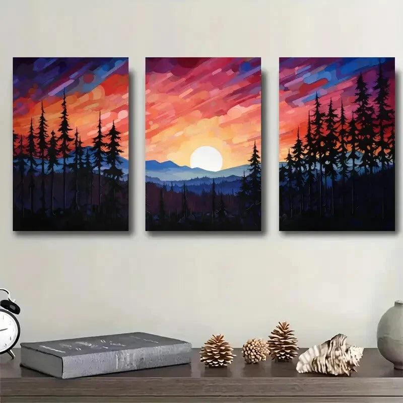 3pcs Vibrant Sunset Forest Canvas Triptych Metal Print Ready to Hang Art
