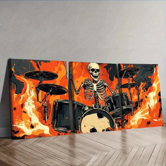 3pcs Skeletons play drums Wall Art Set Canvas Framed 40x60cm - High Quality Print 100% Australian Made Wall Canvas Ready to Hang