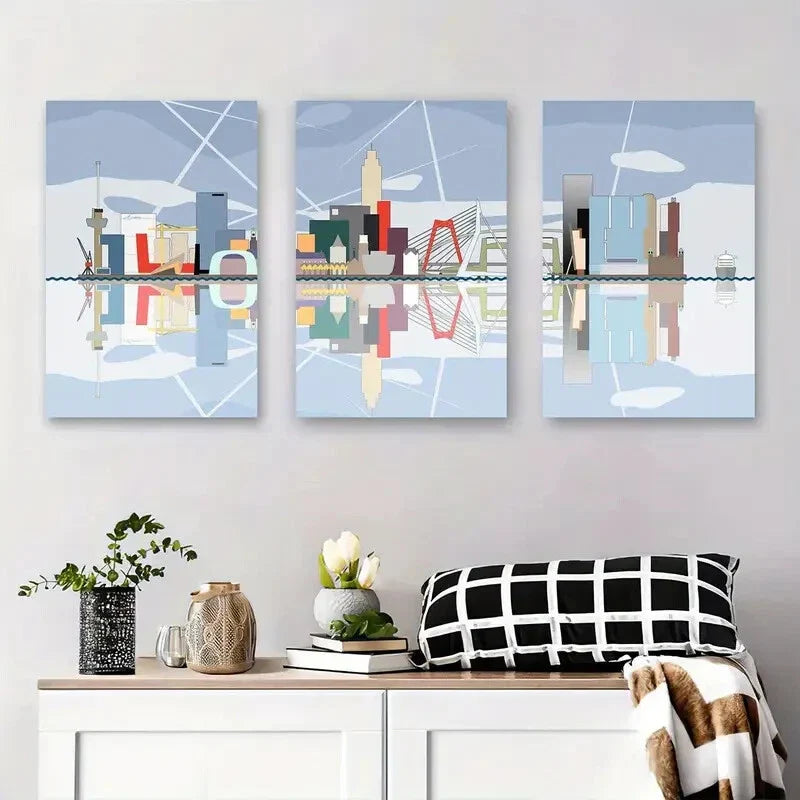 3pcs Abstract City Skyline Geometric Urban Metal Print Ready to Hang Art