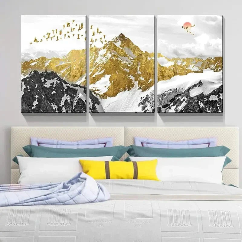 3pcs Black and White with Golden Birds Metal Print Ready to Hang Art