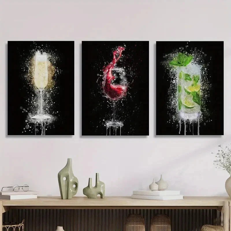 3pcs champagne glass on black background, Metal Print Ready to Hang Art Metal Print Ready to Hang Art