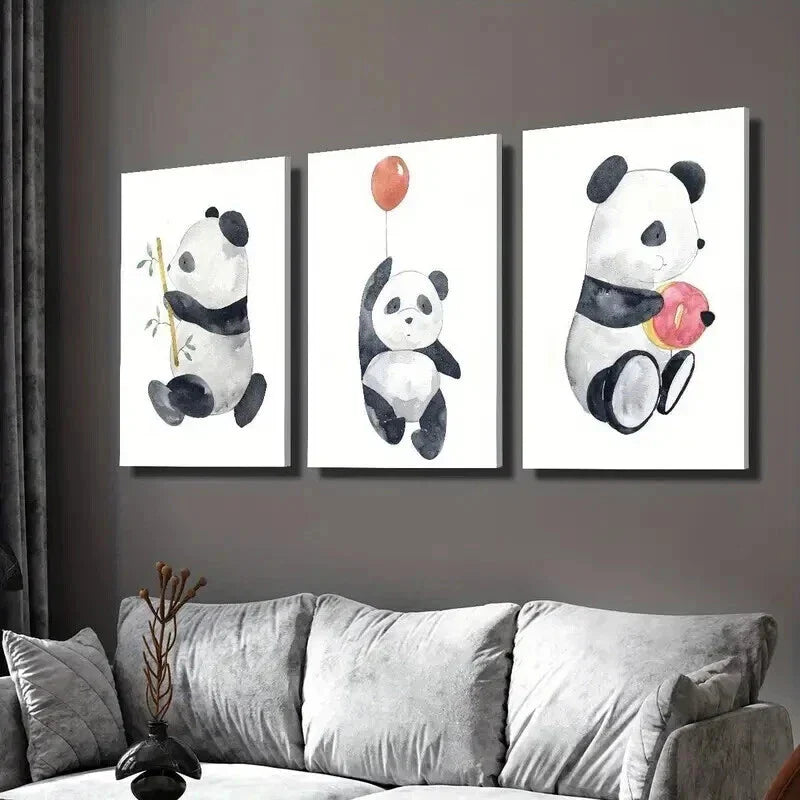 3pcs Panda with Bamboo Balloon & Dessert Wall Art Set Canvas Framed 40x60cm - High Quality Print 100% Australian Made Wall Canvas Ready to Hang