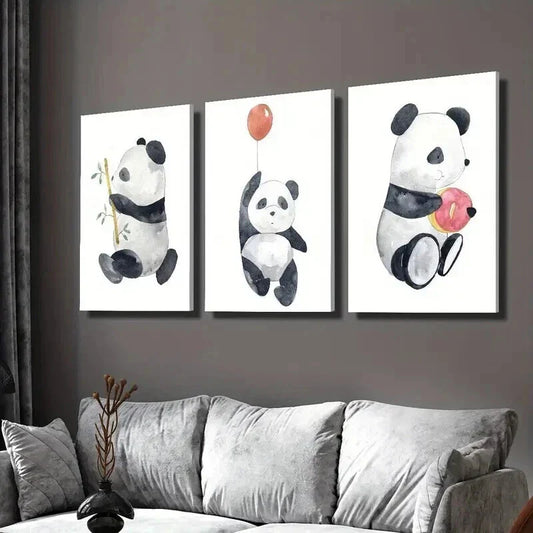 3pcs Panda with Bamboo Balloon & Dessert Wall Art Set Canvas Framed 40x60cm - High Quality Print 100% Australian Made Wall Canvas Ready to Hang