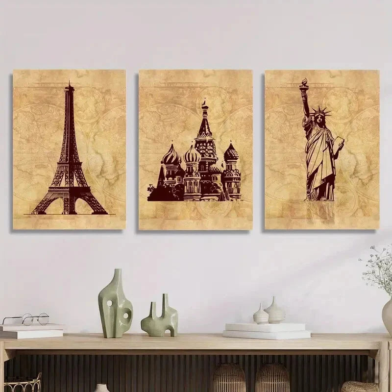 3pcs vintage Eiffel Tower, Saint Basil's Cathedral Metal Print Ready to Hang Art
