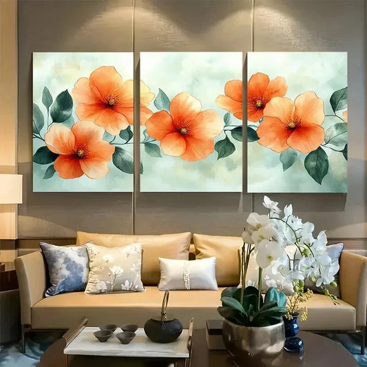 3pcs Soft Peach Floral with Green Leaves Metal Print Ready to Hang Art