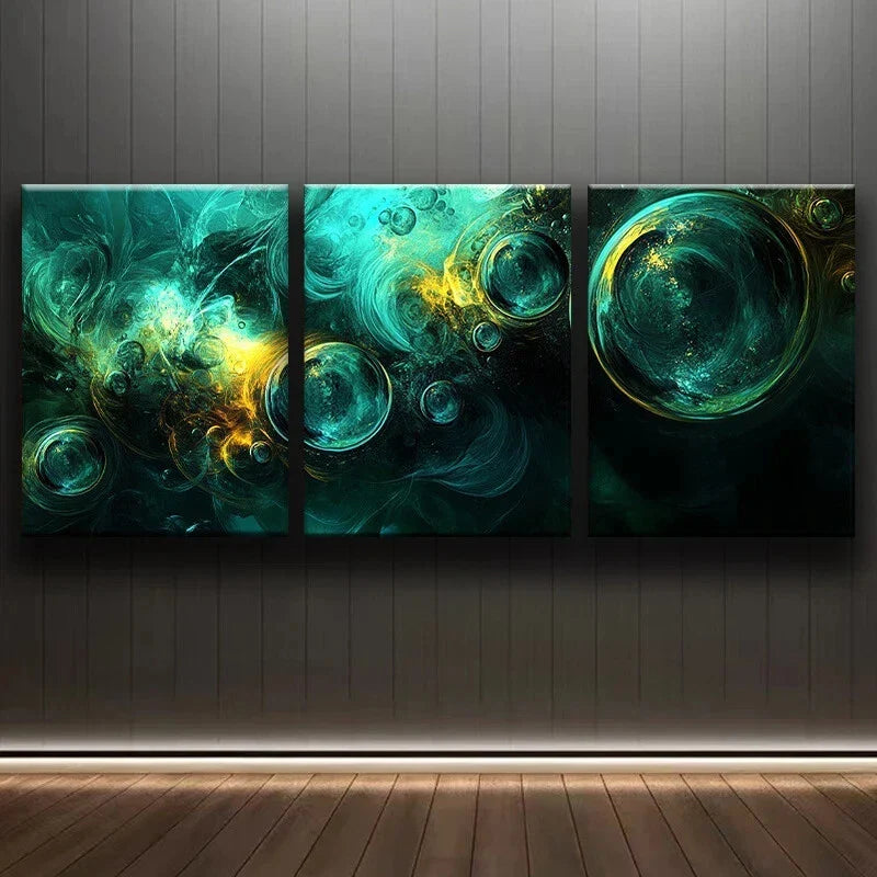 3pcs Green Bubble Abstract Golden Metal Print Ready to Hang Art