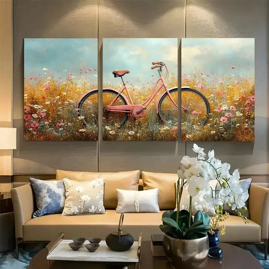 3pcs Vibrant Bicycle in Meadow Design Metal Print Ready to Hang Art