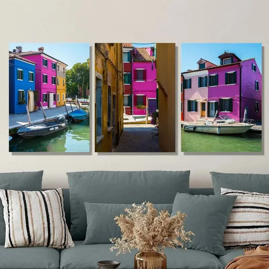 3pcs Island Canal Scene with Vibrant Buildings Metal Print Ready to Hang Art