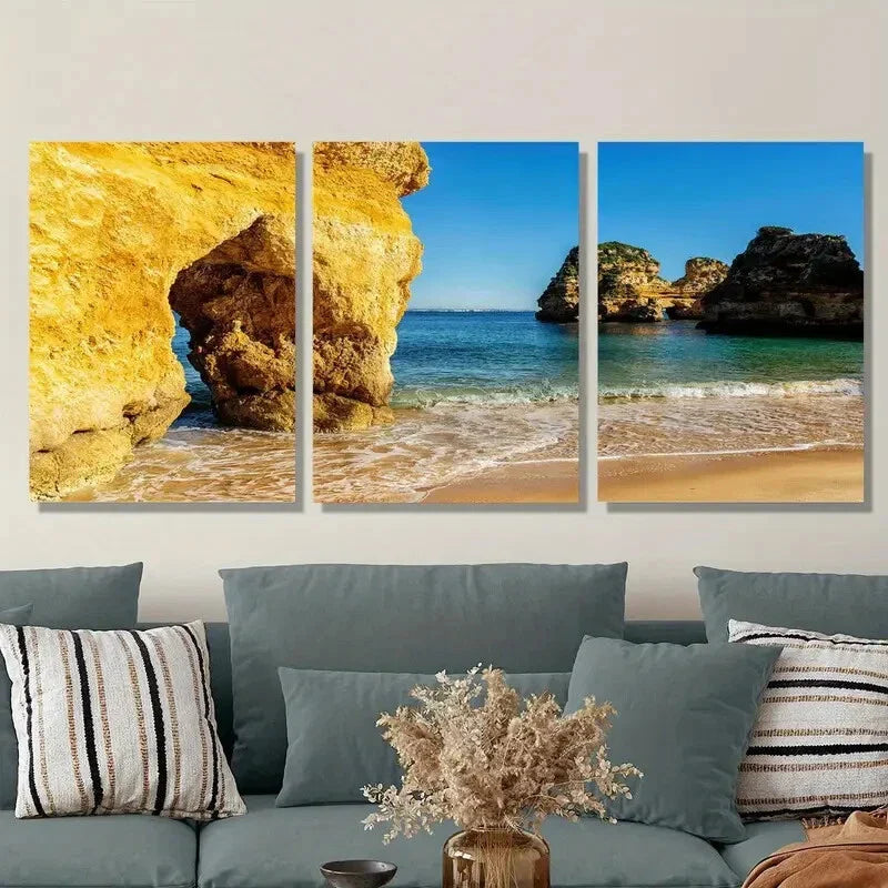 3pcs golden rocks and beaches, landscape Metal Print Ready to Hang Art