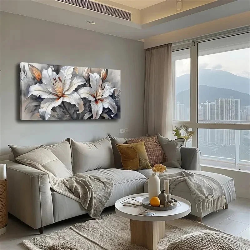 Two Blooming White Lilies Wall Art Canvas Office Home Room Framed 120x60cm