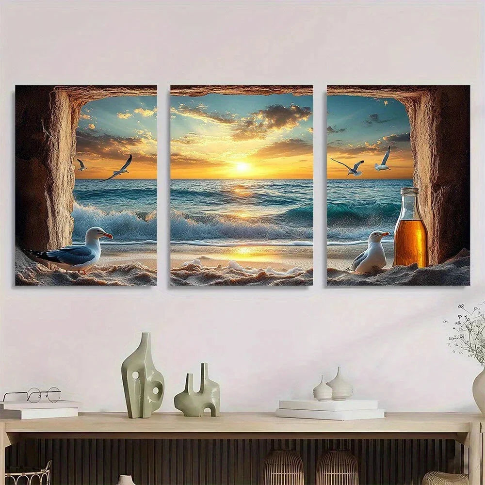 3pcs Fake Window Beach Ocean Seagulls Metal Print Ready to Hang Art