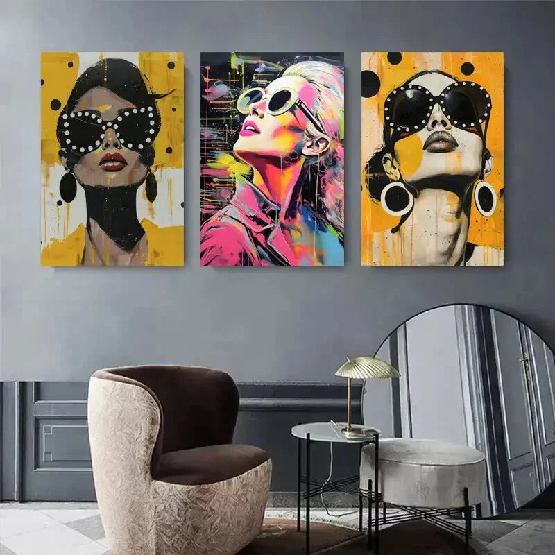 3pcs Stylish Women with Bold Fashion Glasses Metal Print Ready to Hang Art