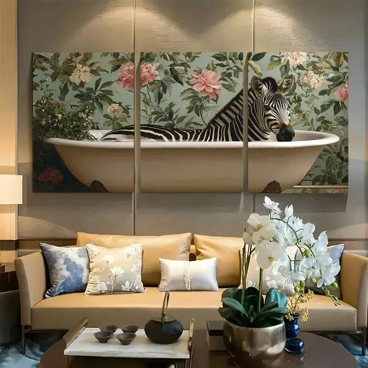 3pcs Zebra in Bathtub Metal Print Ready to Hang Art