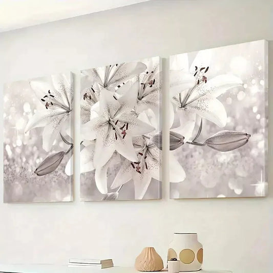3pcs White Lily Flower Canvas Framed 40x60cm - High Quality Print 100% Australian Made Wall Canvas Ready to Hang
