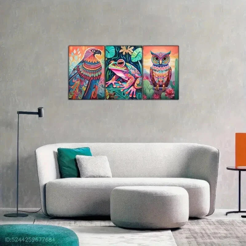 3pcs Abstract Owl Parrot Frog Wildlife Designs Metal Print Ready to Hang Art