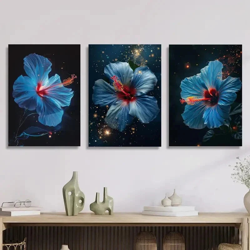 3pcs Hibiscus Flower Starry Night & Floral Accents Metal Print Ready to Hang Art