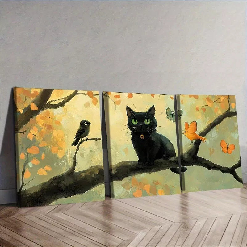 3pcs Black Cat & Autumn Branch Design Wall Art Set Canvas Framed 40x60cm - High Quality Print 100% Australian Made Wall Canvas Ready to Hang