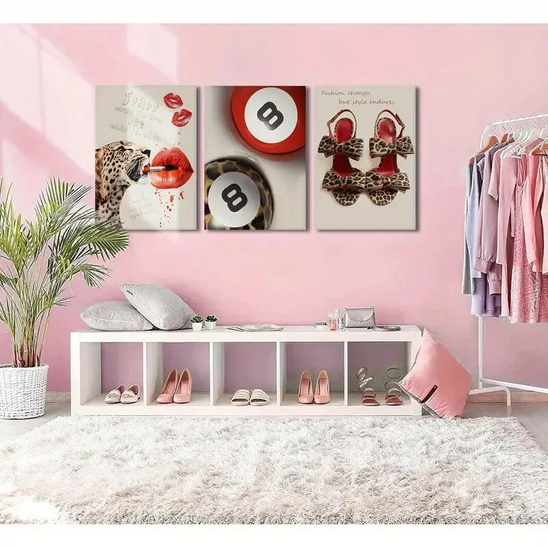 3pcs Funky Lucky 8 Ball, High Heels, and Lips Metal Print Ready to Hang Art