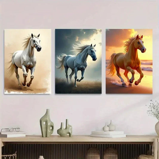 3pcs Horses Modern Pictures Blue Running Wall Art Set Canvas Framed 40x60cm - High Quality Print 100% Australian Made Wall Canvas Ready to Hang