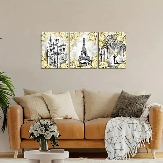 3pcs Eiffel Tower Painting Black and White Roman Metal Print Ready to Hang Art