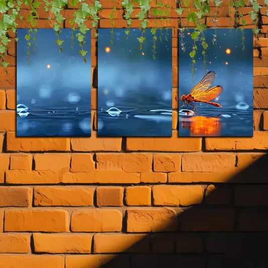 3pcs Dragonfly Over A Puddle Of Water Canvas Framed 40x60cm - High Quality Print 100% Australian Made Wall Canvas Ready to Hang