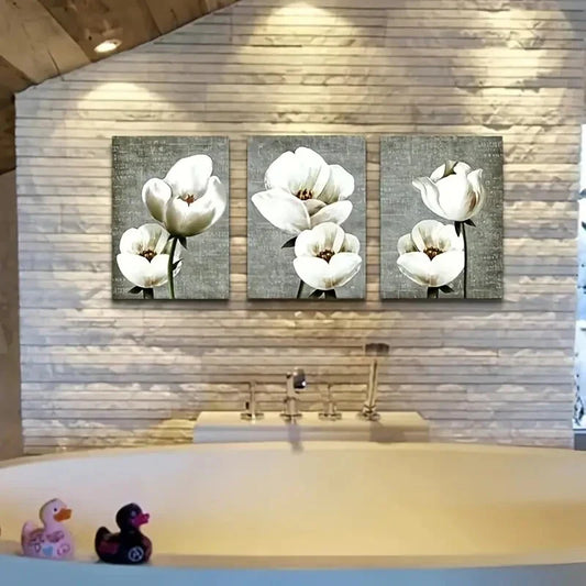 3pcs Gray Green Vintage Style White Flowers Metal Print Ready to Hang Art