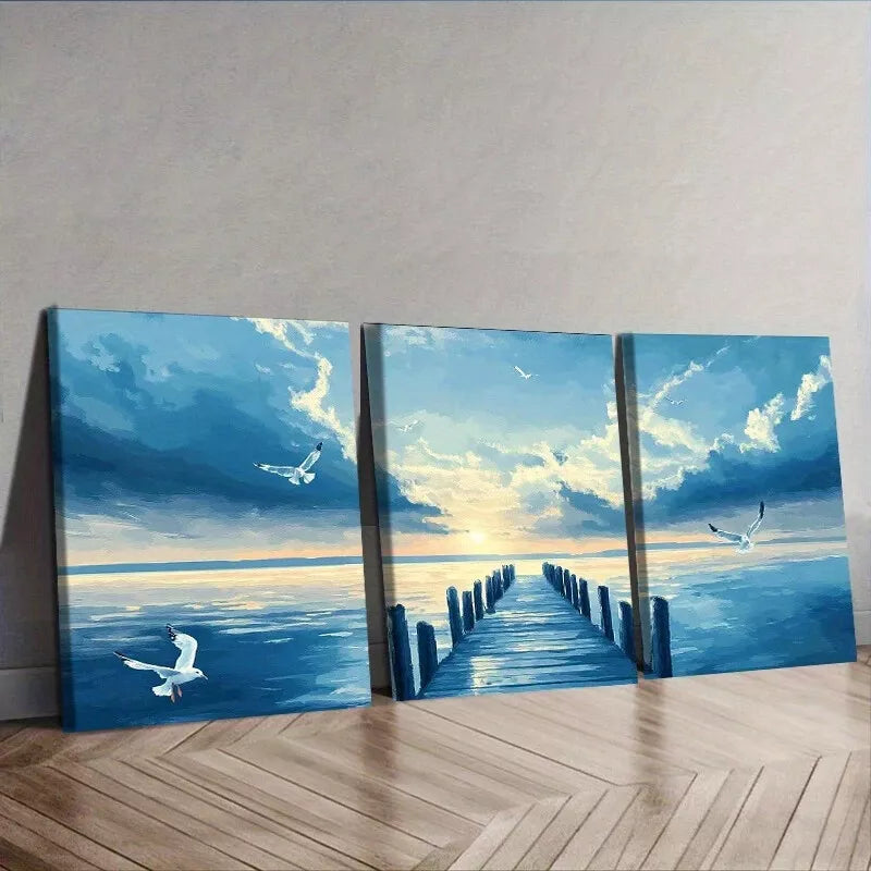3pcs Seagulls Over Harbor, Nature Wall Art Set Canvas Framed 40x60cm - High Quality Print 100% Australian Made Wall Canvas Ready to Hang