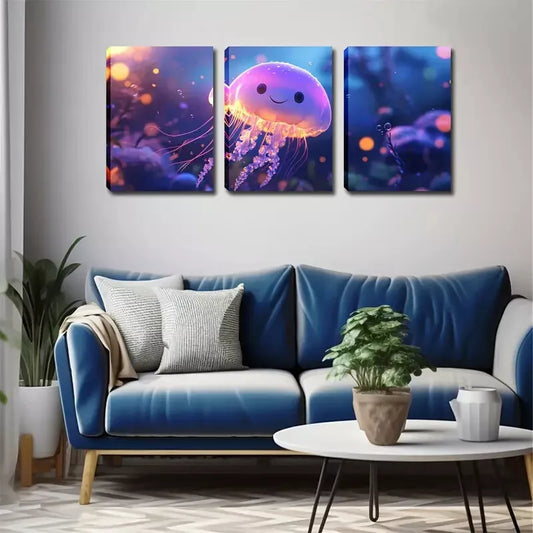 3pcs A Cute Magic Jellyfish Wall Art Set Canvas Framed 40x60cm - High Quality Print 100% Australian Made Wall Canvas Ready to Hang
