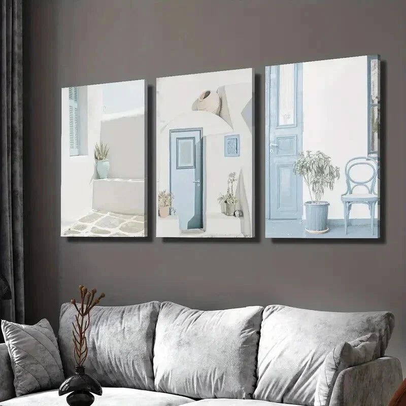 3pcs Blue Doors Porches White Walls & Potted Wall Art Set Canvas Framed 40x60cm - High Quality Print 100% Australian Made Wall Canvas Ready to Hang