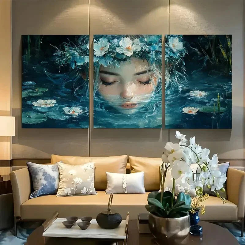 3pcs Enchanting Water Nymph Floral Wreath Metal Print Ready to Hang Art