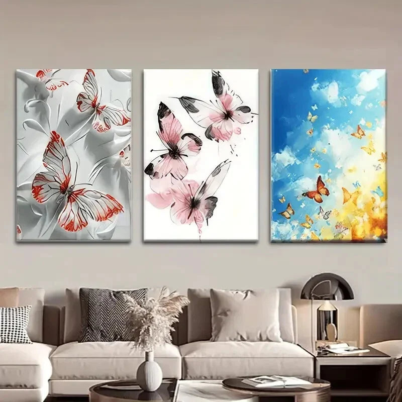 3pcs Red Pink And Blue Abstract And Realistic Metal Print Ready to Hang Art