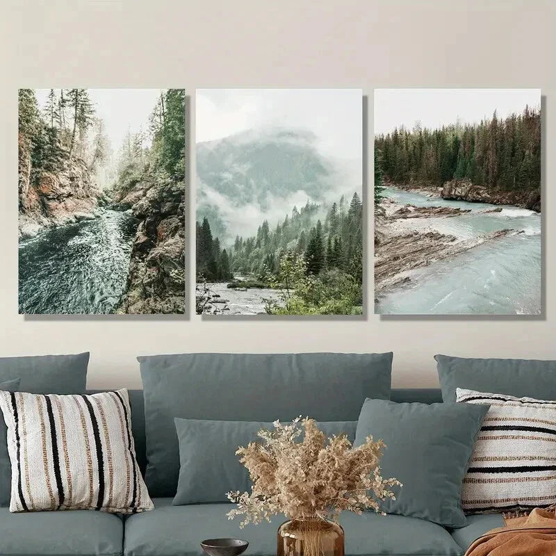 3pcs Serene Forest River, Misty Mountains Metal Print Ready to Hang Art