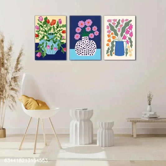 3pcs Vibrant Flower Vase with Pink Red Blooms Metal Print Ready to Hang Art