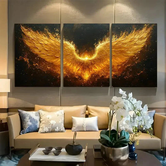 3pcs Elegant Golden Angel Wings Metal Print Ready to Hang Art