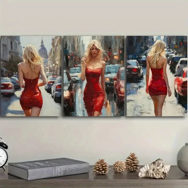 3pcs The blonde woman in the red dress Wall Art Set Canvas Framed 40x60cm - High Quality Print 100% Australian Made Wall Canvas Ready to Hang