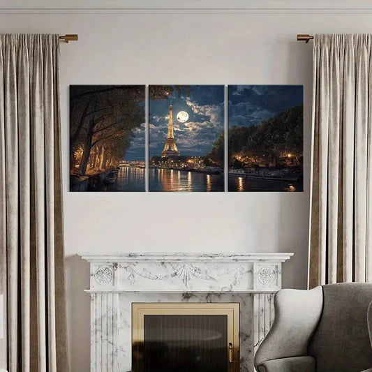 3pcs Paris Moonlit Eiffel Tower Night Scene Metal Print Ready to Hang Art