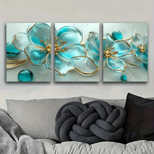 3pcs Turquoise glass flowers Metal Print Ready to Hang Art
