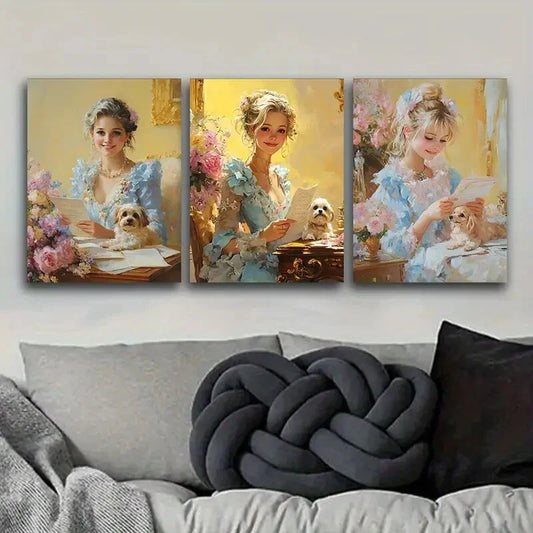 3pcs Afternoon Time Girl with Dog Art Painting Metal Print Ready to Hang Art