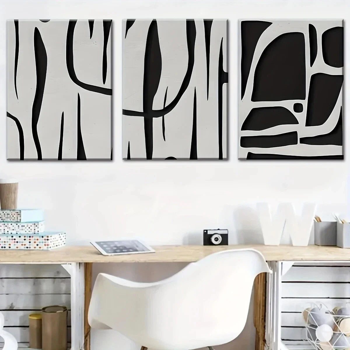 3pcs Abstract Black Lines Gray Metal Print Ready to Hang Art